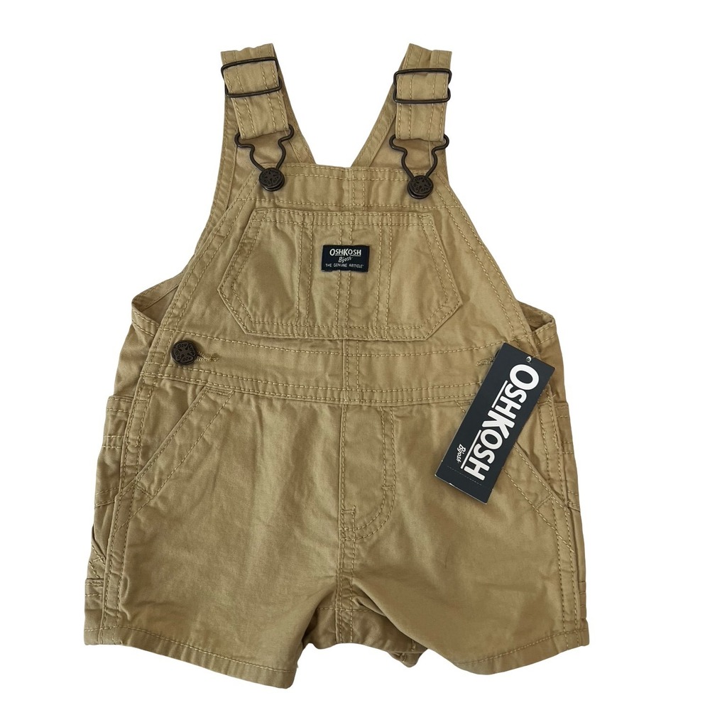 OshKosh Bgosh Baby Boys Tan Khaki Canvas Shortalls Overalls 3M NWT
